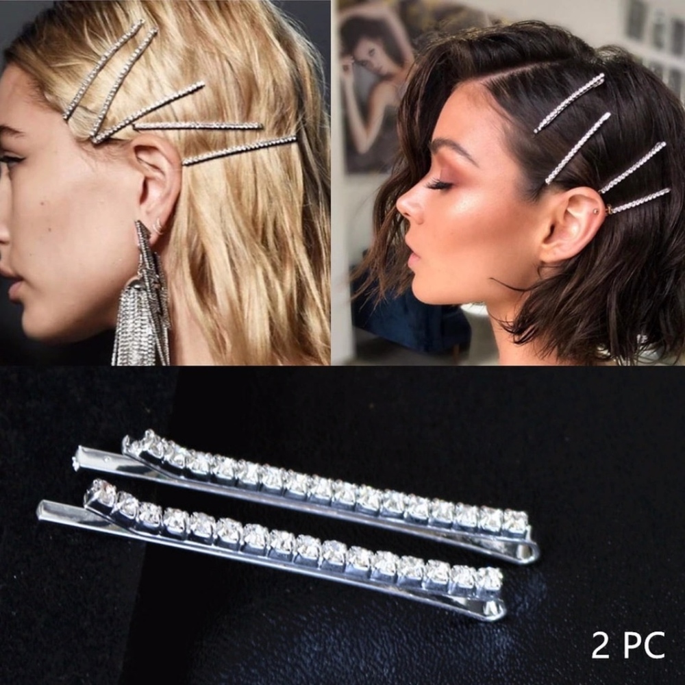 Rhinestone Studded Glam Style Hair Pin 2 Clip Set - Picture 5 of 8